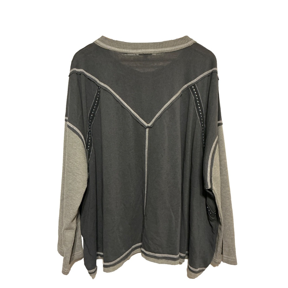 POL Oversized Top Size S Gray Grunge Boho Crochet Waffle Trim Boxy Slouchy Knit - Picture 2 of 5